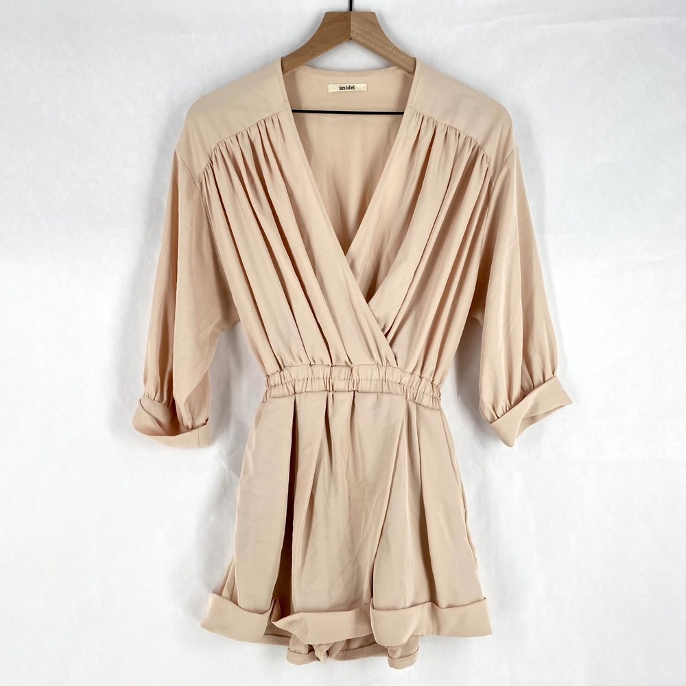 Snidel Elegant Chiffon Belted Romper Women 0 Beige Pleated Cuffed Wrap V Neck
